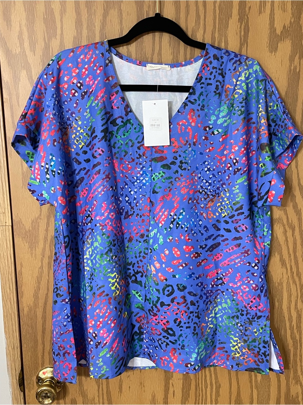 Bluish-Purple Multicolor V-Neck Short Sleeve Blouse by Cotton Bleu